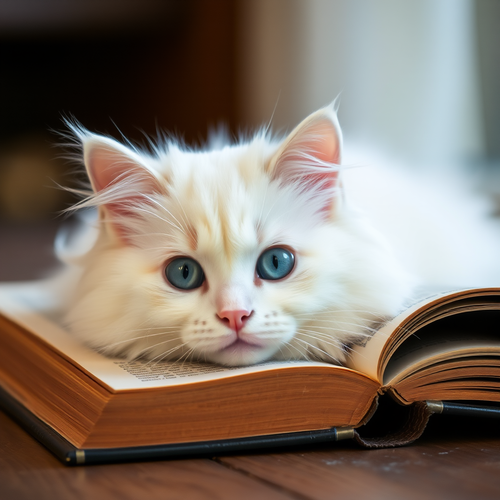 A fluffy white cat with striking blue eyes resting on an open book with blurred background details, showcasing its adorable features and soft fur.