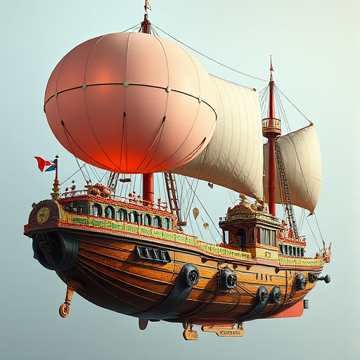 steampunk airship with two large balloons, intricate details on the ship's hull and sails, vibrant colors, soft diffused lighting, shot with a DSLR camera at f/2.8, ISO 100, 1/250s shutter speed, from a slightly elevated angle to capture the full structure and details, realistic artistic style