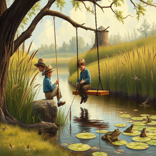Imagine a small group of old fashioned young boys out fishing by the creek, a swing hanging from a tree branch, reeds and grasses by the water's edge, a frog sitting on a lily pad, dragonflies hovering over som water plans, a very iconic old fashioned scene reminiscent of a Norman Rockwell painting style