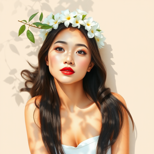 create a watercolor painting of an ethereal portrait of beautiful Malay woman with a simple white flower crown on her head. Her hair is long and she is lying on the ground. The sunlight on the trees casts shadows from the leaves on her face and body. The background is a neutral brown color that matches her skin tone. The image is minimalist and solid colors. This style is characterized by soft, delicate brushstrokes and a light, airy, contrasting color palette. High level of detail and play of light