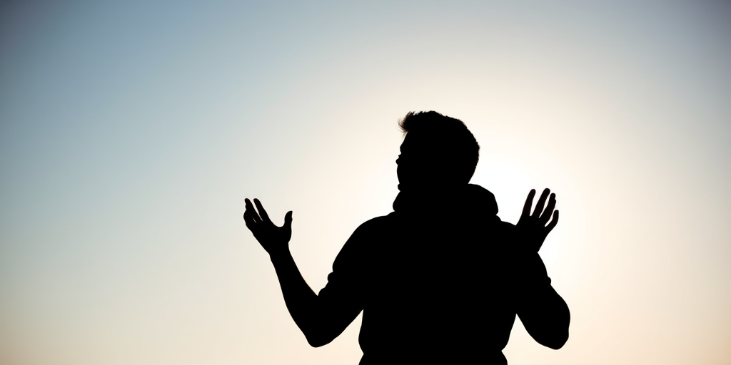 Create a high-contrast silhouette of a person in a dynamic pose with hands gesturing, using a DSLR camera with a 50mm lens, aperture f/1.8, ISO 100, shot from a low angle to emphasize height, use natural backlighting for depth and clarity.