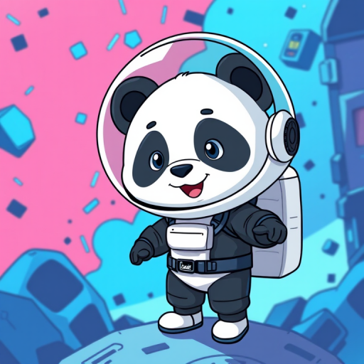 Create an illustration of a cartoon panda in a futuristic astronaut suit, set against a vibrant, dynamic background with blue and black elements, using a DSLR camera with a 50mm lens, aperture set to f/1.8, ISO 100, and a shallow depth of field for enhanced detail and sharpness.
