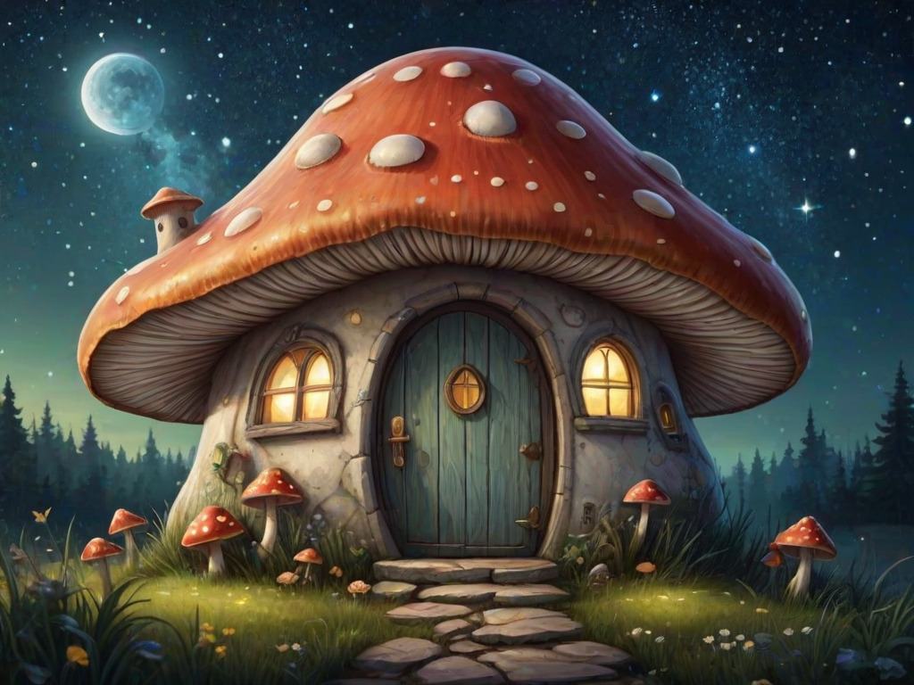 create illustration of a mushroom house with a door and a window, a storybook , fantasy art, mushroom house, bg starry sky, sparkles