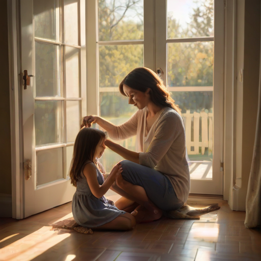 Warmly lit, intimate image of a mother brushing her daughter's hair in front of a large window at dawn, soft morning light illuminating their peaceful expressions and casting long shadows on the floor.