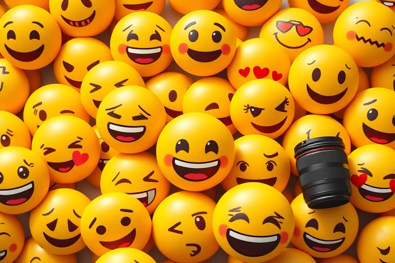 Create a high-resolution image of assorted expressive yellow emojis, capturing a range of emotions like happiness, sadness, anger, and love, with a bright background, using a DSLR camera with an aperture of f/2.8, shutter speed of 1/200s, ISO 100, and a wide-angle lens for enhanced clarity and depth.