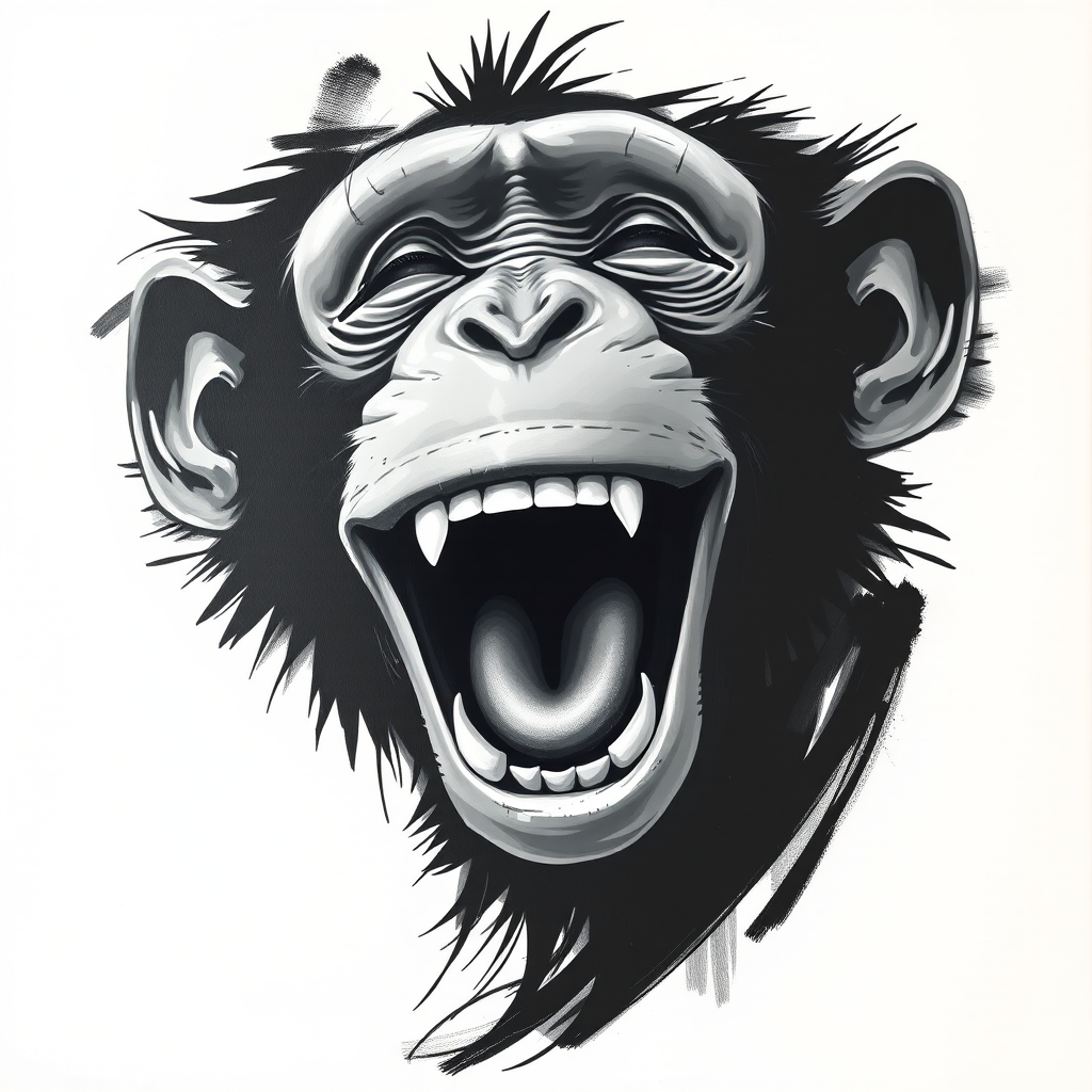 Abstract black and white acrylic portrait of an over exaggerated laughing (monkey). Minimalism style. White background.