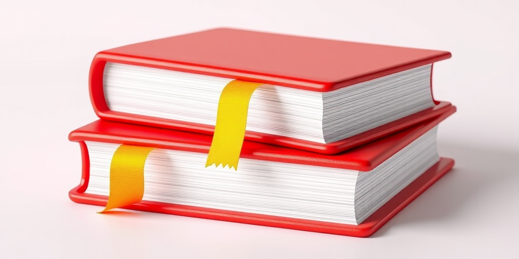 Create a 3D render of two stacked red books with glossy covers and a yellow bookmark, shot with a 50mm lens at f/2.8, ISO 100, and soft studio lighting from the top for enhanced detail and depth.