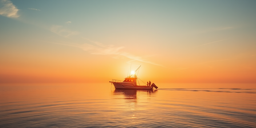 aerial shot of a fishing boat on calm waters during sunrise with soft reflections, ISO 200, f/4.0, 1/200 sec, shot with a drone camera, wide-angle lens, high resolution