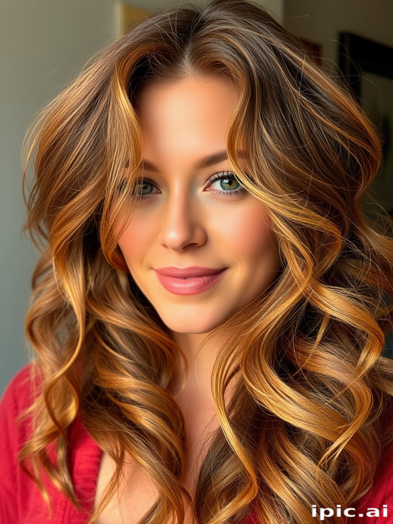 Earthy portrait highlighting Amber Honey waves, warm golden-brown tones blended seamlessly, styled in loose, natural curls with sun-kissed highlights