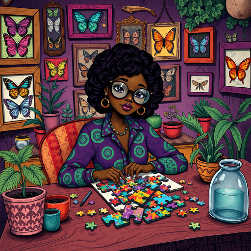 A vibrant and whimsical illustration of an african american woman sitting at a table working on a colorful jigsaw puzzle. she is wearing round glasses, and patterned clothing in shades of purple and green.  The background features an eclectic collection of framed butterflies, potted plants, and other natural elements, creating a warm and inviting atmosphere. The style is playful and modern, with rich textures, intricate details, and a lively color palette.