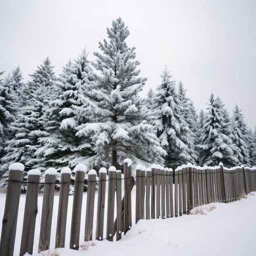 winter landscape with snow-covered pine trees and a wooden fence in the foreground, overcast sky, calm atmosphere --camera settings: ISO 200, f/8, 1/200s --camera view: wide-angle --camera style: natural lighting --camera type: DSLR