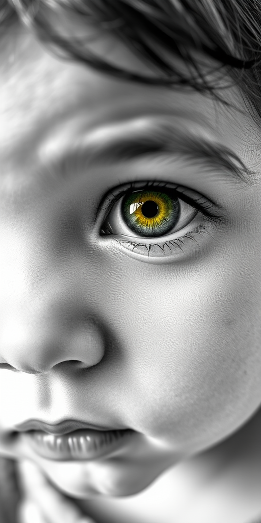 A hyperdetailed photorealistic black and white sketch of a beautiful toddler with deep green eyes, with a macro focus