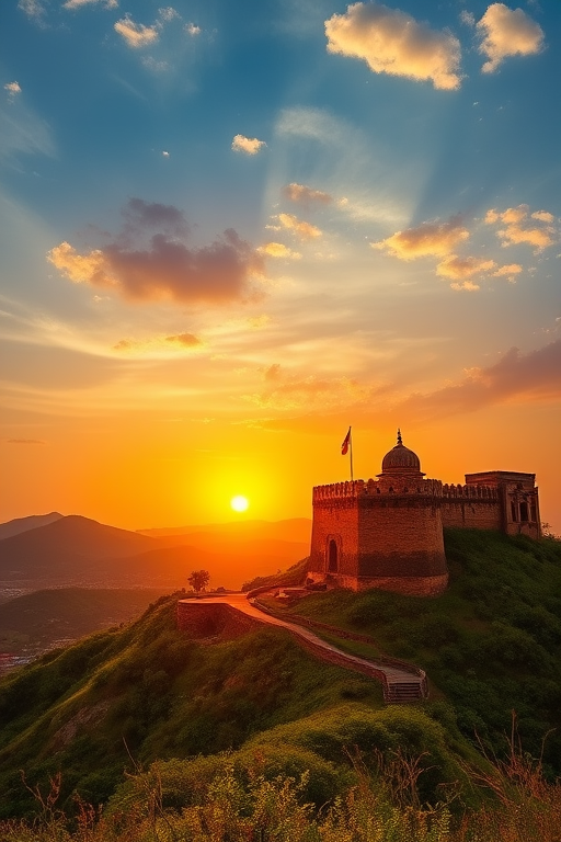 Regenerate a picturesque sunset view of a historic fort surrounded by lush green hills, using a DSLR camera, focal length 24mm, aperture f/11, shutter speed 1/60s, and ISO 100 for vibrant colors and sharp details.
