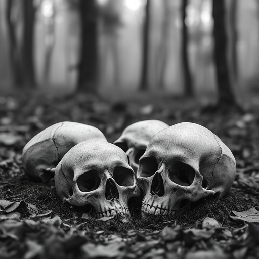 Create a high-resolution black and white image of four weathered human skulls partially buried in a misty forest floor, using a macro lens at f/2.8, shutter speed of 1/125s, ISO 200, shot from a low angle to emphasize depth and texture.