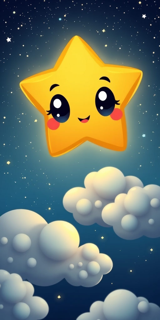 create a cartoon-style image of a cute star with big eyes floating above fluffy clouds in a starry night sky, use a DSLR camera with a 50mm lens, aperture f/2.8, ISO 100, and set the focus on the star, ensuring a clear and vibrant color palette.