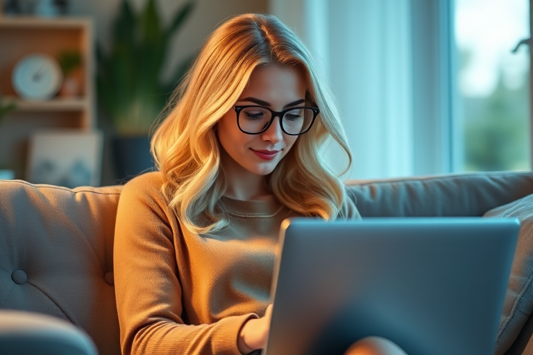 illustration of a woman with blonde hair and glasses sitting on a sofa with a laptop, soft lighting, depth of field, shot with a digital camera at f/2.8, 35mm lens, vibrant colors, high resolution