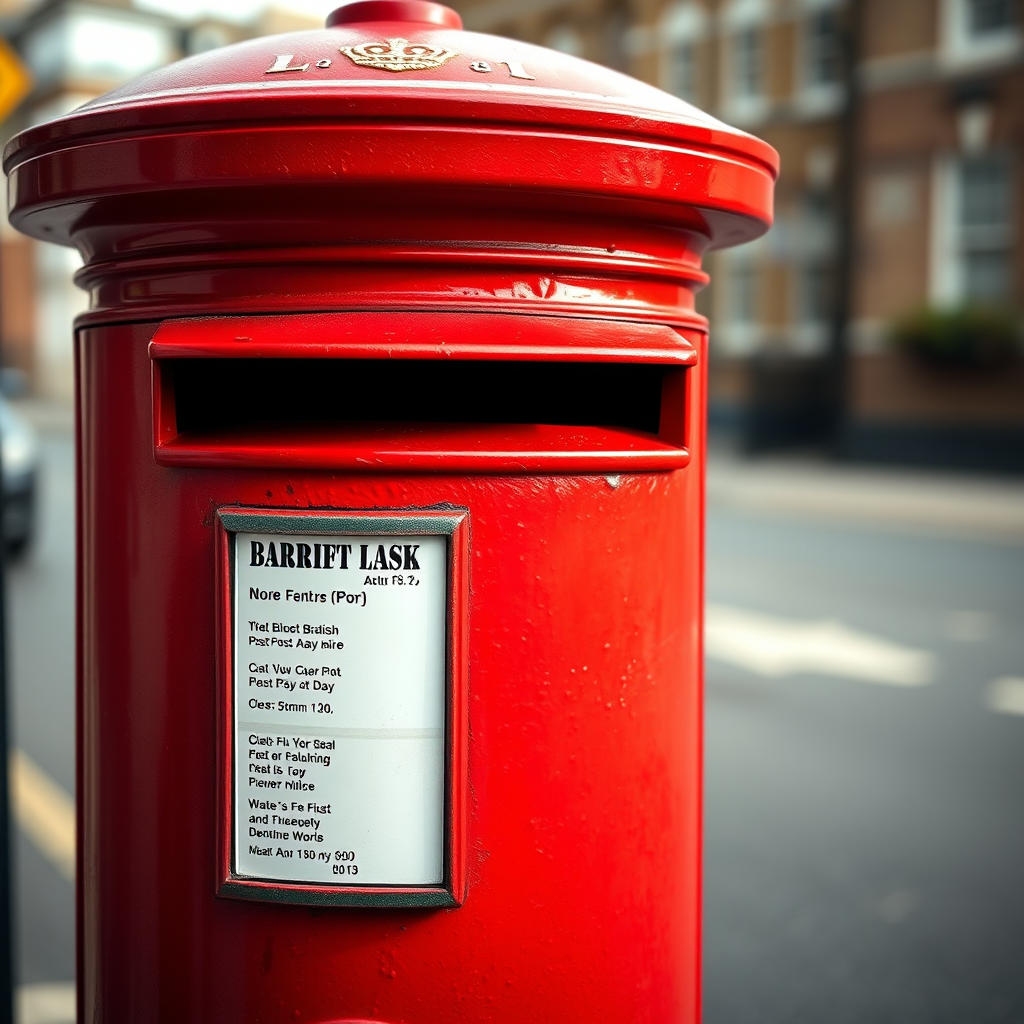 Create a high-resolution image of a classic British red post box with a crown emblem, captured from a slightly lower angle to emphasize its height, using a DSLR camera with a 50mm lens, aperture set to f/1.8 for a shallow depth of field, and a soft focus background to enhance the clarity of the post box.