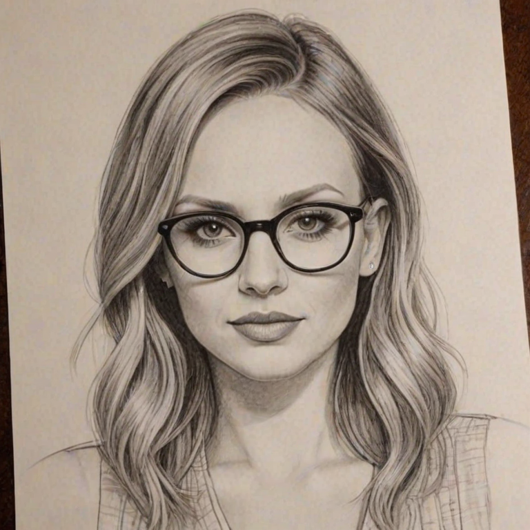 Appealing Carly Pearce, pencil sketch, portrait of Captivating woman 1931s in glasses, hair style beatnik, outline, clear lines, fine lines, 8k