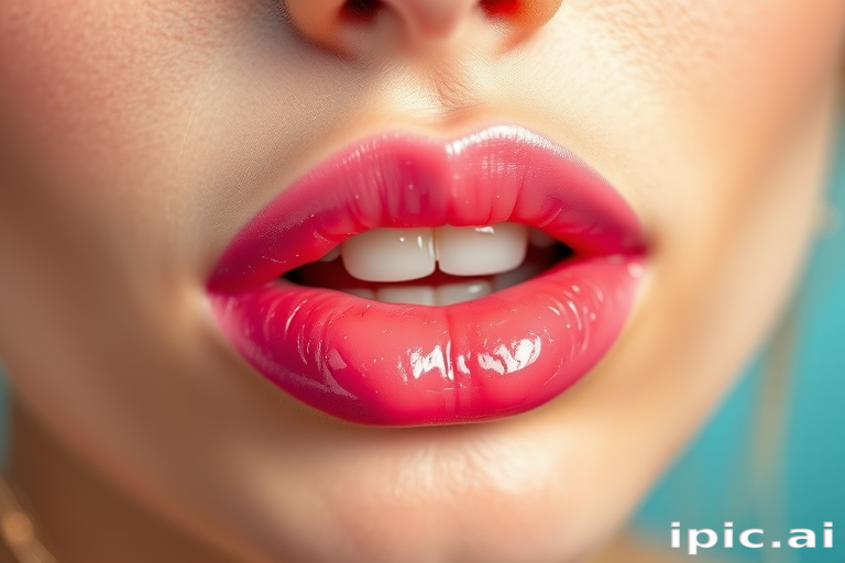 Glossy bubblegum pink lips with a hint of sparkle, youthful and fun, reminiscent of sweet treats and carefree summer days