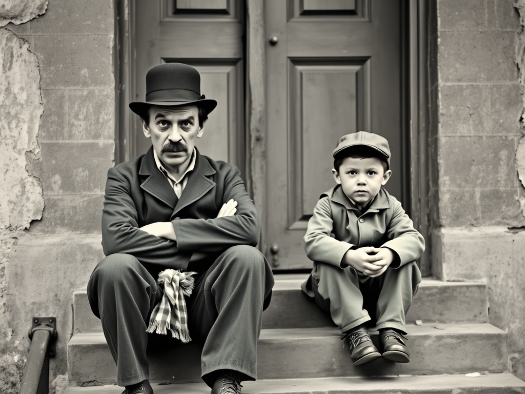A black-and-white photograph of a man and a child sitting on steps in front of a doorway. The man is dressed as a tramp with a bowler hat, mustache, and ragged clothes, reminiscent of Charlie Chaplin's iconic look. He is sitting with his arms crossed and an expression of slight sadness or frustration. Next to him is a young boy, also in worn clothes and a cap, sitting with his hands clasped, looking thoughtful. The background is an old, textured wall and a partially open door, creating a vintage, early 20th-century atmosphere.
