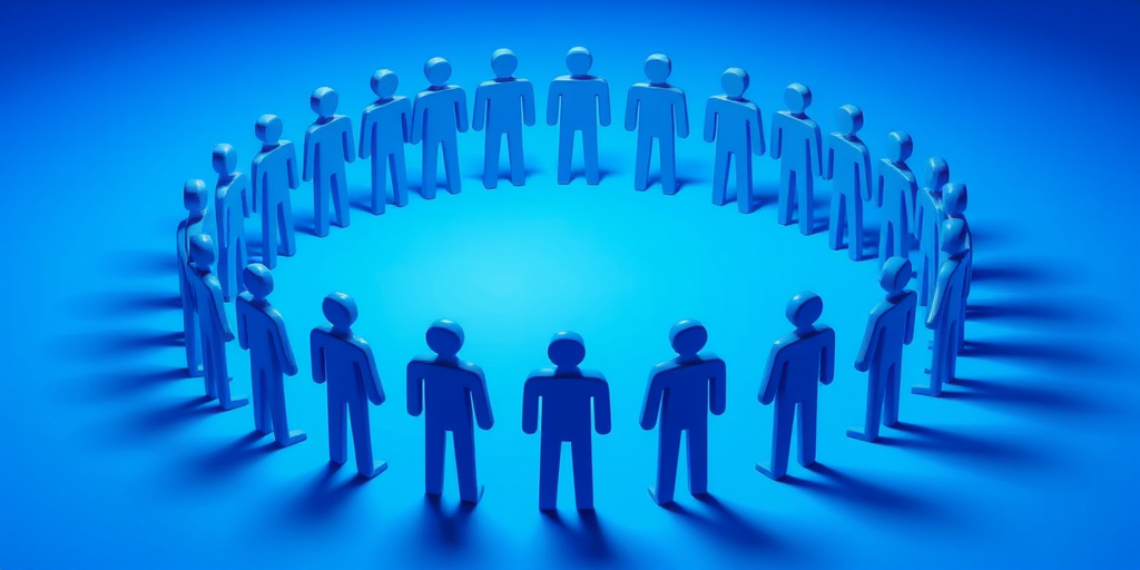 Create a 3D rendering of blue stylized human figures arranged in a circle on a gradient blue background with a Canon EOS R5, 50mm f/1.8 lens, ISO 100, f/5.6, 1/200s, high dynamic range imaging for enhanced detail.