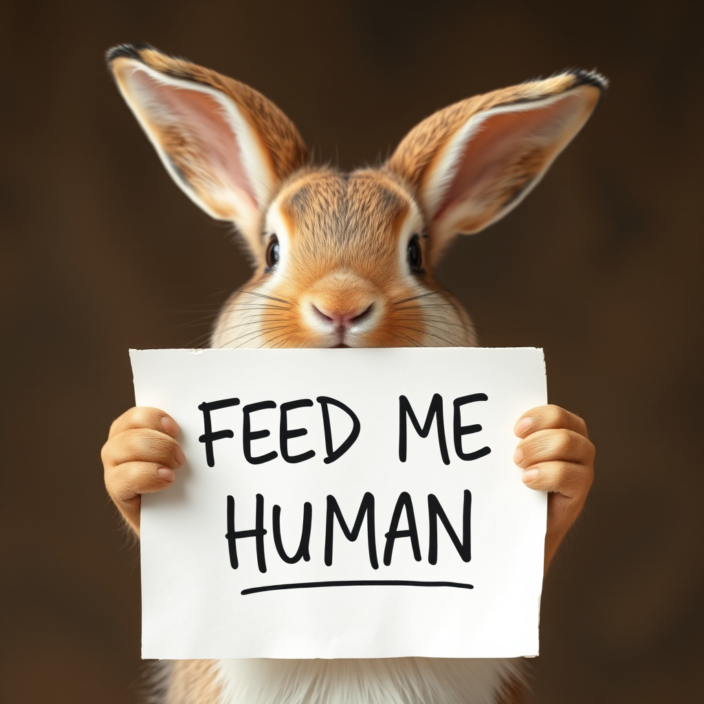rabbit holding a note which says "FEED ME HUMAN"