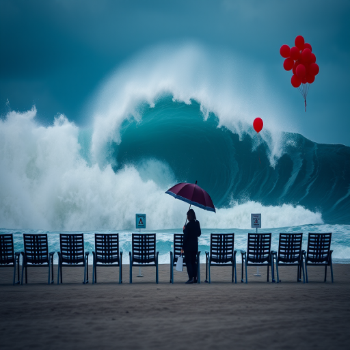Create a high-resolution image of a massive wave crashing near a beach with a row of empty chairs and two silhouetted figures holding umbrellas, vibrant red balloons floating in the air, shot with a Canon EOS R5 at f/8, ISO 100, shutter speed 1/250s, wide-angle lens, with a dynamic perspective to capture the dramatic ocean scene.