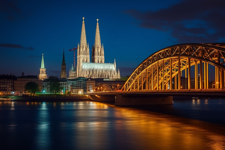 night cityscape of the Cologne Cathedral and Hohenzollern Bridge, long exposure, f/8 aperture, ISO 100, 30 seconds shutter speed, wide-angle lens, captured with a DSLR camera, twilight atmosphere, reflections on the water
