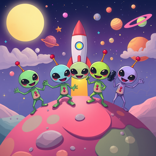 Create a vibrant illustration of cartoon aliens celebrating on a colorful planet, with a rocket in the background, a fun moonlit sky filled with stars and planets, using a digital art style, with a detailed character design, in high resolution at 300 DPI, captured from a frontal view.