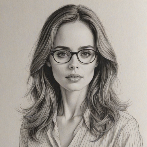 Wonderful Eliza Dushku, pencil sketch, portrait of Wonderful woman 1977s in glasses, hair style beatnik, outline, clear lines, fine lines, 8k