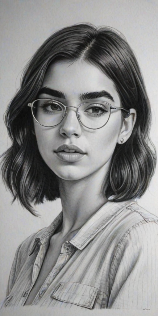 Superb Dua Lipa, pencil sketch, portrait of Fascinating woman 1971s in glasses, hair style beatnik, outline, clear lines, fine lines, 8k