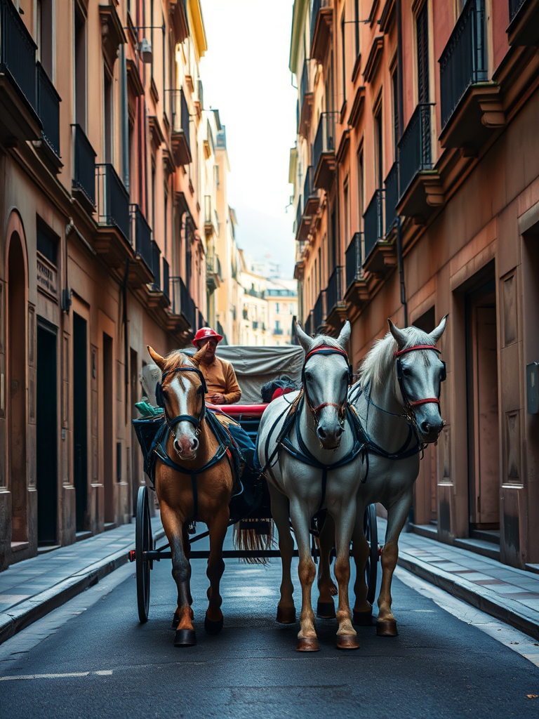 regenerate an image of a horse-drawn carriage on a narrow city street, use a Canon EOS R5 camera with a 50mm lens, aperture set to f/2.8, shutter speed at 1/200s, ISO 100, shoot from a low angle to emphasize the carriage and horses, ensuring vivid colors and high detail.