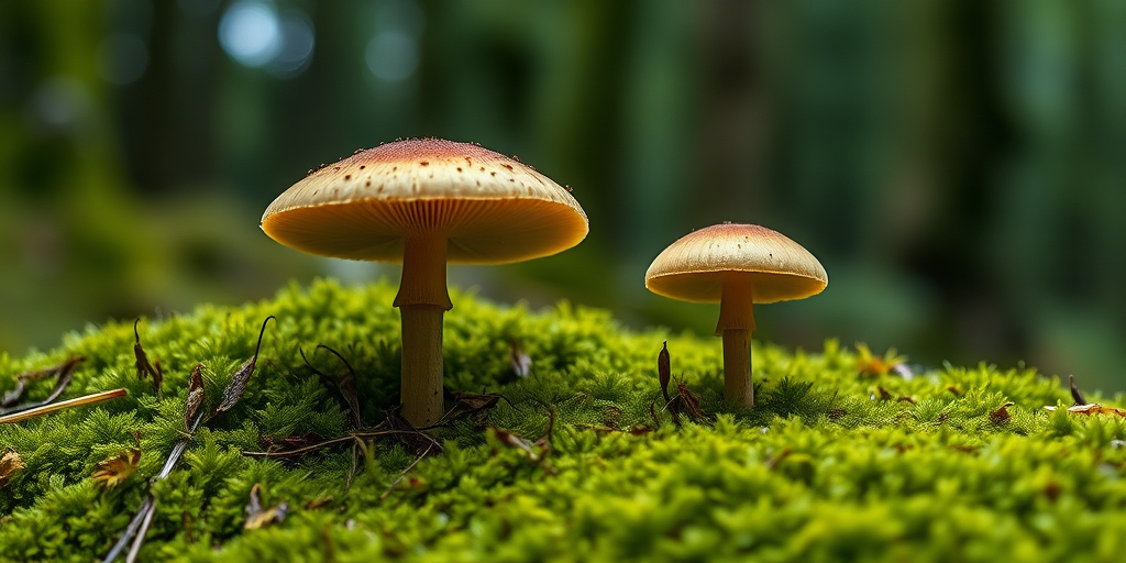 Regenerate an image of two mushrooms growing on moss with a blurred forest background, use a Canon EOS 5D Mark IV with a 100mm f/2.8 macro lens, aperture f/4, ISO 100, shutter speed 1/200s, natural light for a soft focus effect.