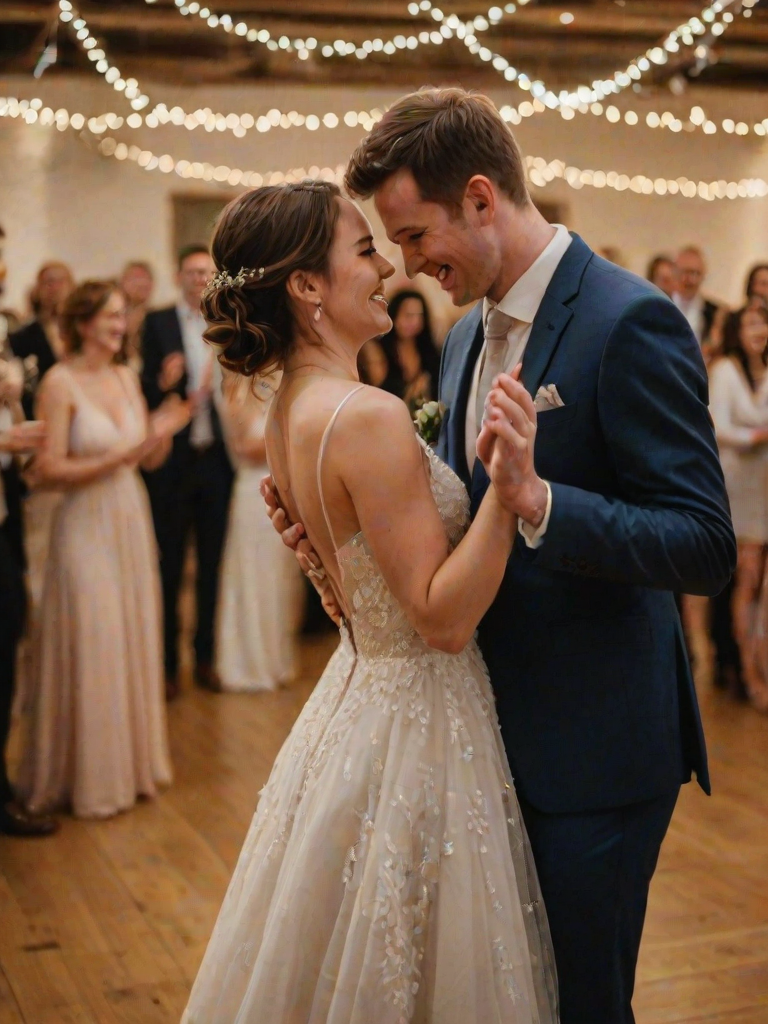 Blurry candid shot of a wedding couple sharing their first dance under twinkling fairy lights, with guests softly clapping and smiling in the warmly lit reception hall.