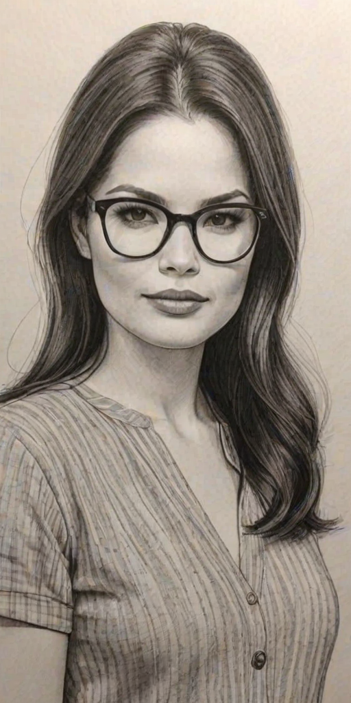 Radiant Katrina Law, pencil sketch, portrait of Sublime woman 1960s in glasses, hair style beatnik, outline, clear lines, fine lines, 8k