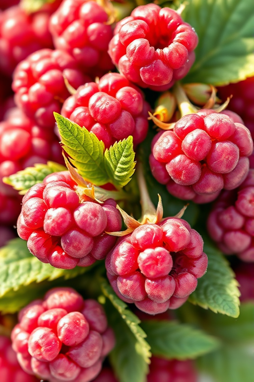 Create a vibrant watercolor illustration of ripe raspberries and green leaves, capturing intricate details of the fruit and foliage, with soft natural lighting, using a Canon EOS R5 camera, 85mm lens, f/4 aperture, ISO 100, and a shallow depth of field for enhanced focus on the berries.