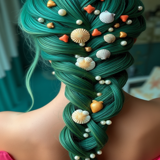Emerald green mermaid braid adorned with pearls and seashells, Coral's hair cascades down in an intricate plait, showcasing vibrant hues and oceanic accents that evoke undersea beauty