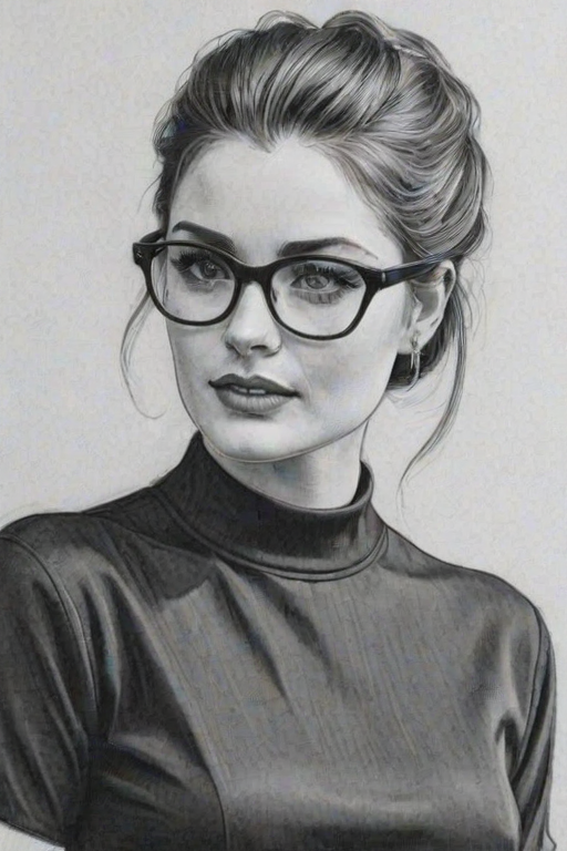 Gorgeous Alexandra Breckenridge, pencil sketch, portrait of Charming woman 1958s in glasses, hair style beatnik, outline, clear lines, fine lines, 8k