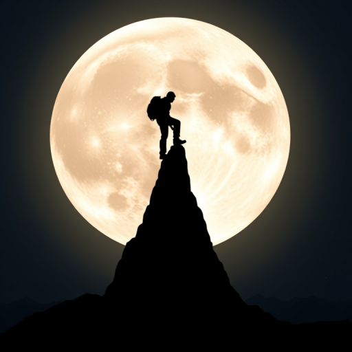 Create a high-resolution silhouette of a mountain peak with a climber on top against a large full moon backdrop, using a DSLR camera with a 50mm lens, f/1.8 aperture, ISO 100, and a low angle shot to enhance depth and contrast.