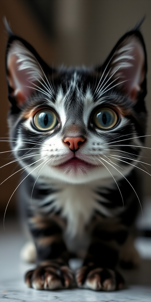 Generate a high-resolution image of a simple black and white stylized cat's face with large eyes and a playful expression, captured with a DSLR camera at f/2.8 aperture, ISO 100, 50mm lens, natural lighting from the front, and a shallow depth of field for a blurred background.