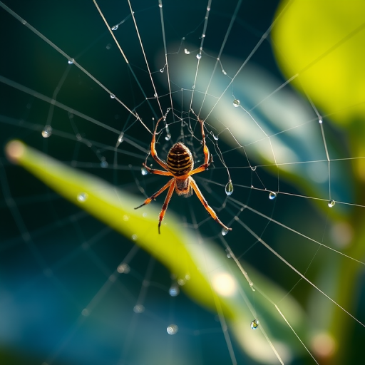 Sharp, detailed close-up of a spider weaving its web in the early morning, tiny dew droplets clinging to the delicate strands, with soft blue and green light reflecting off the surrounding foliage.