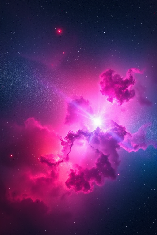 Create a cosmic nebula scene with vibrant pink, blue, and black colors, incorporating a starry background, shot with a Canon EOS R5, aperture f/2.8, ISO 100, 24mm lens, in a landscape orientation and HDR style for enhanced detail and depth.