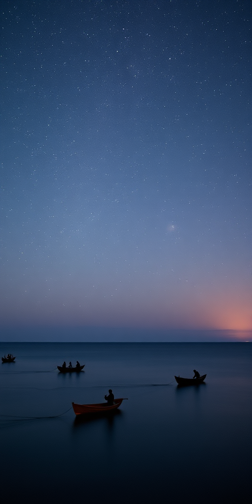 capture a serene night scene of fishermen in small boats on a calm ocean under a starry sky with a nebula visible, use a DSLR camera with a 24mm lens, aperture f/2.8, ISO 800, long exposure time of 15 seconds, and a slightly elevated viewpoint to enhance the depth and vastness of the sky