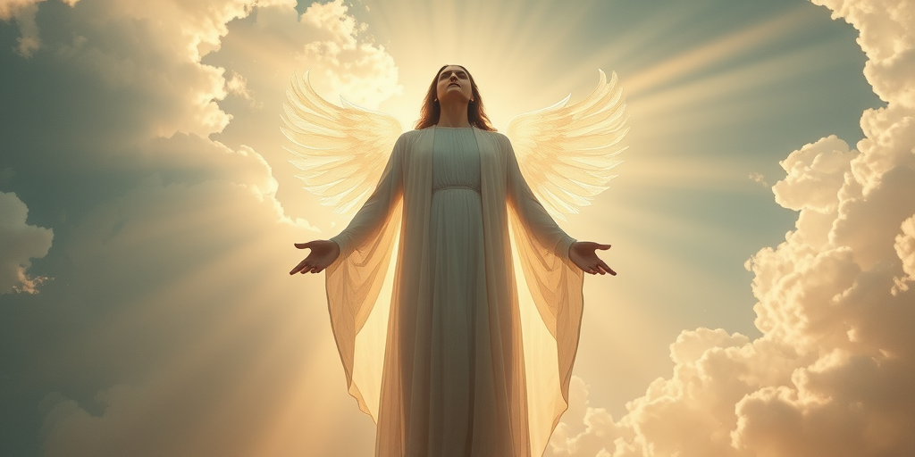 Create an ethereal scene of a radiant figure surrounded by glowing clouds and light beams, shot with a Canon EOS R5, 50mm lens, f/1.8 aperture, ISO 100, in a dramatic low angle view to emphasize the figure's grandeur, utilizing soft, diffused lighting for a heavenly atmosphere.
