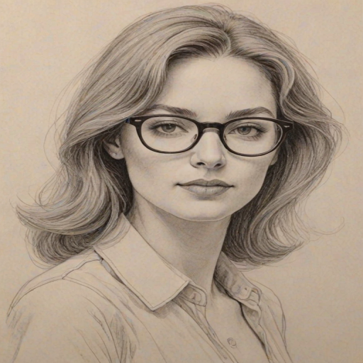 Captivating Gina Kimmel, pencil sketch, portrait of Captivating woman 1978s in glasses, hair style beatnik, outline, clear lines, fine lines, 8k