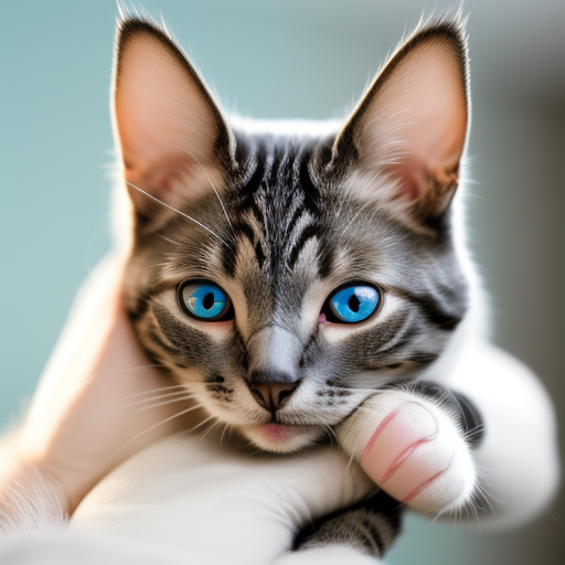 A Playful Grey Tabby Cat with Striking Blue Eyes in Hands.