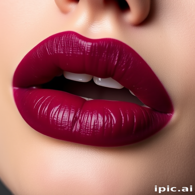 Luscious berry-stained pout boasts a matte finish, showcasing deep purple hues that fade into rich burgundy, capturing attention with its bold and dramatic appearance