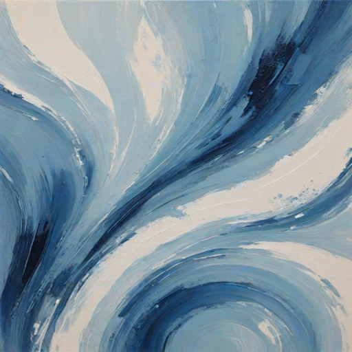 Create an abstract painting with soft, flowing brush strokes in varying shades of blue and white, evoking a serene sky or ocean.