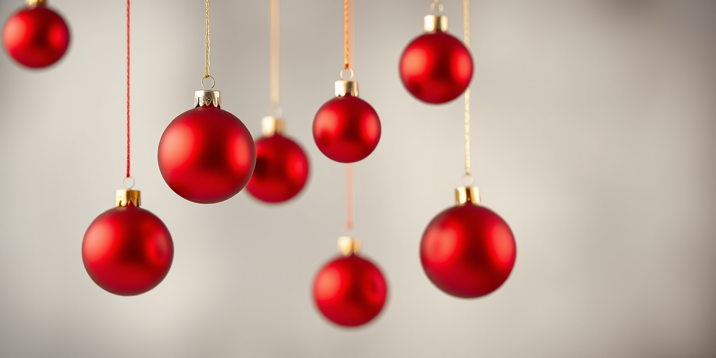 Create a high-resolution image of red Christmas ornaments hanging vertically with a smooth gradient background, photo taken with a DSLR camera at f/2.8, ISO 100, shutter speed 1/60s, shot from a slightly elevated angle, using a macro lens for enhanced detail and bokeh effect.