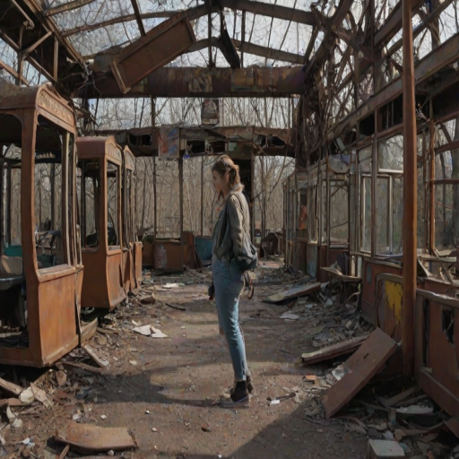 Abandoned amusement park, rusted rides and broken ticket booths, a woman with a camera carefully steps through the debris, capturing the eerie beauty of the forgotten place.